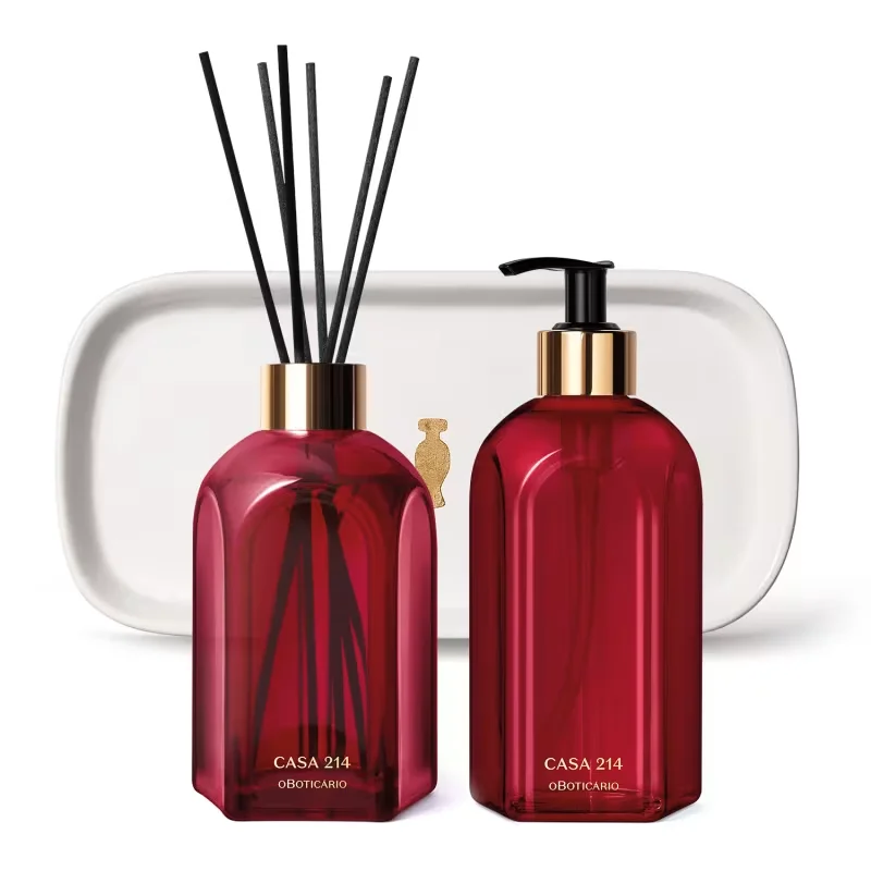Combo Casa 214 Gardênia Imperial: Sabonete Líquido 400ml + Difusor de Ambiente com Varetas 250ml + Bandeja de Lavabo Casa 214