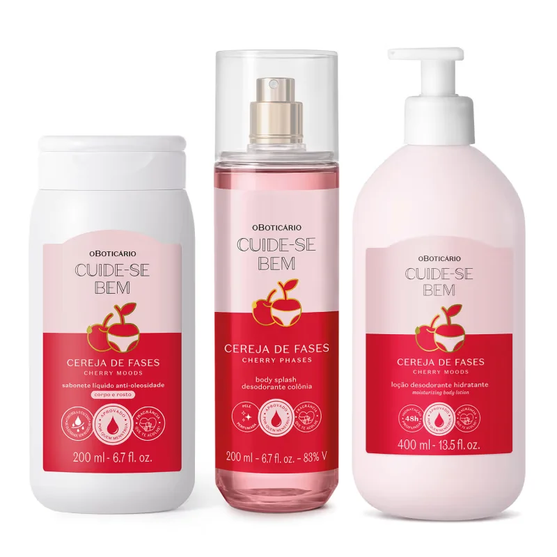 Combo Cuide-se Bem Cereja De Fases: Sabonete Líquido 2 em 1 200ml + Loção Corporal 400ml +Body Splash 200ml