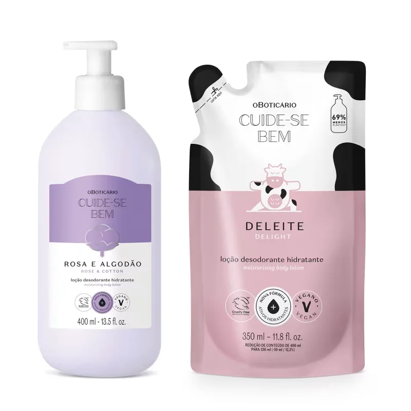 Combo Cuide-se Bem: Loção Corporal Rosa e Algodão 400ml + Refil Deleite 350ml