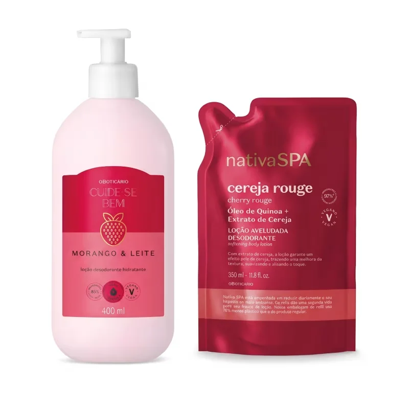Combo Cuide-se Bem Morango e Leite Loção Corporal 400ml + Refil Cereja Rouge Loção Corporal 350ml