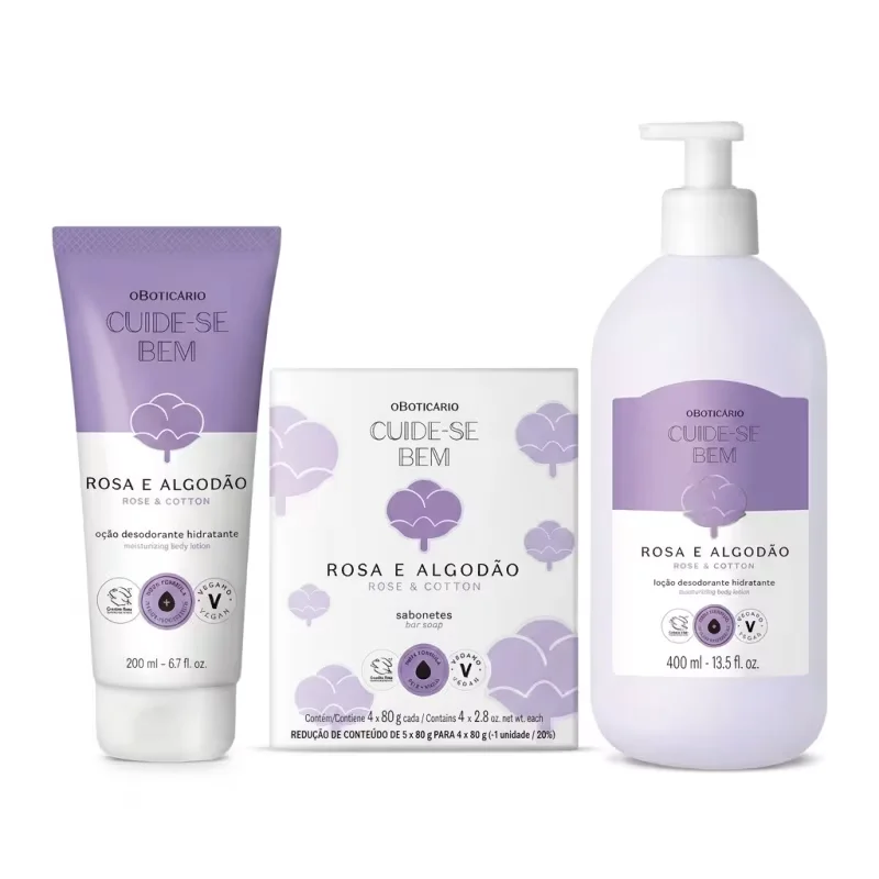 Combo Cuide-se Bem Rosa e Algodão Sabonete + Creme + Loção