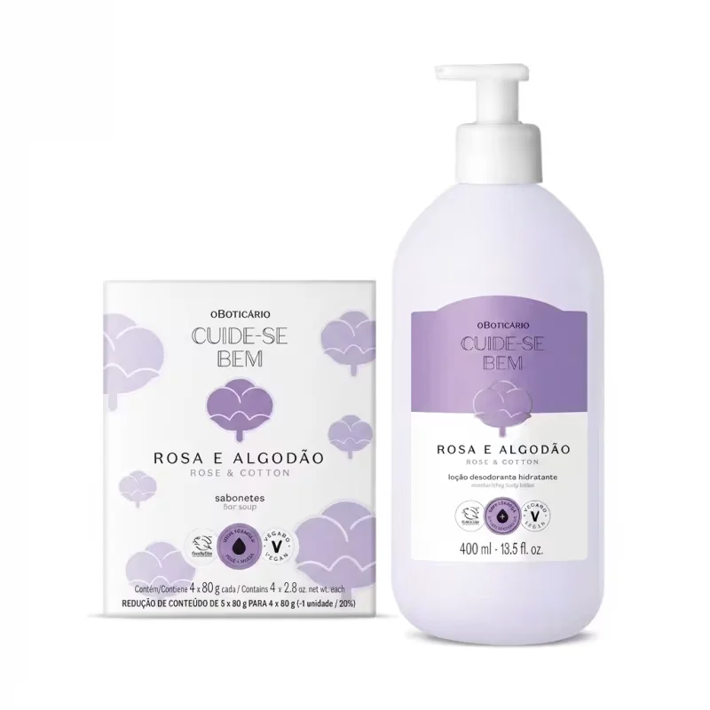 Combo Cuide-se Bem Rosa e Algodão: Sabonete em Barra 5x80g + Loção Corporal 400ml