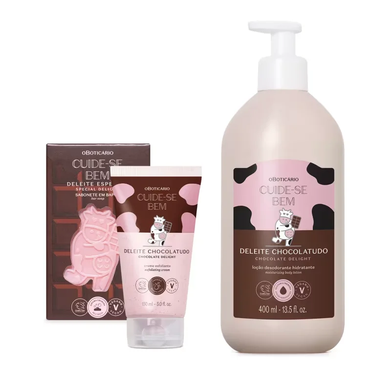 Combo Deleite Chocolatudo: Sabonete em Barra 120g + Esfoliante Corporal 150ml + Loção Corporal 400ml