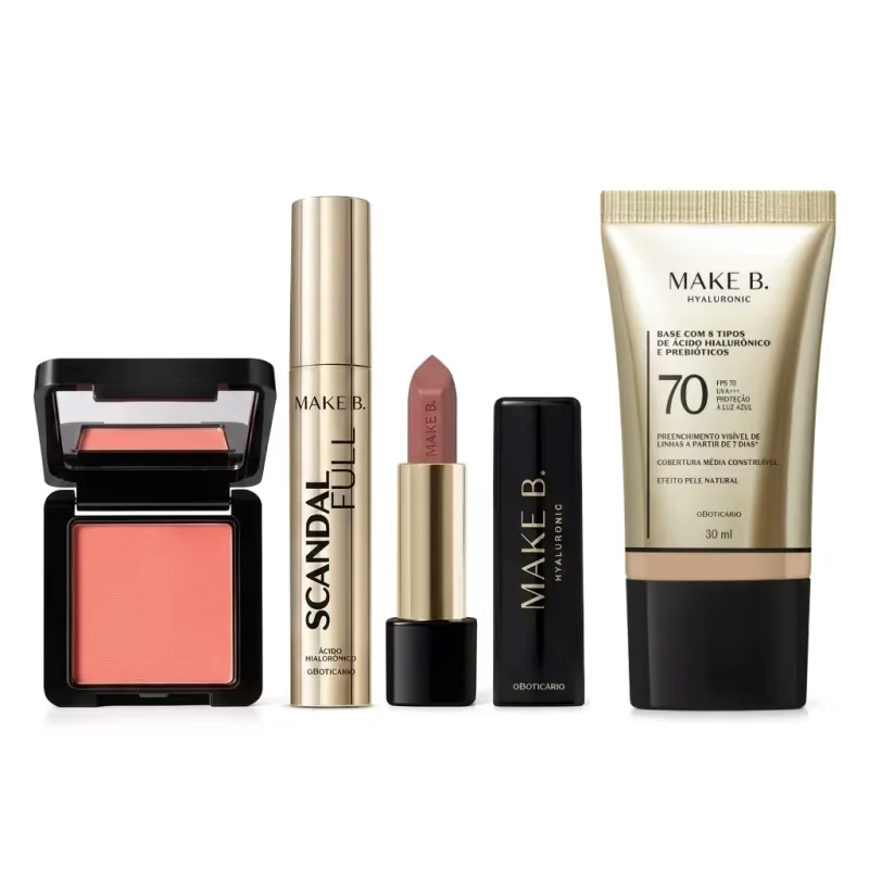 Combo Make B.: Blush Em Pó Compacto Rubor + Máscara de Cílios Scandal + Batom Cremoso Rosa Rose + Base Líquida FPS 70 170Q