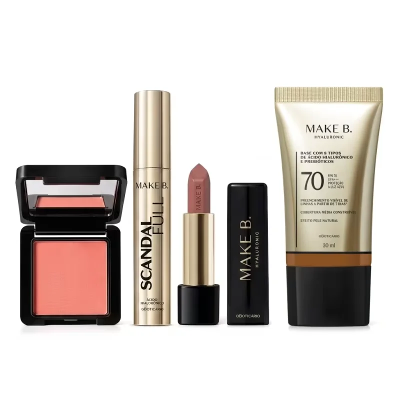 Combo Make B.: Blush Em Pó Compacto Rubor + Máscara de Cílios Scandal + Batom Cremoso Rosa Rose + Base Líquida FPS 70 300Q