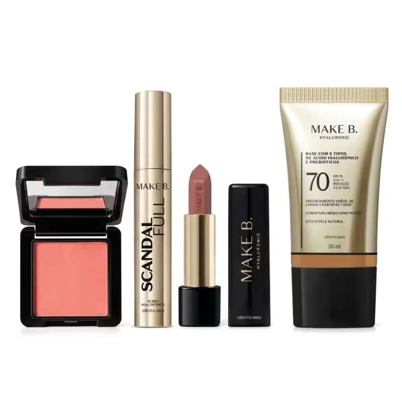 Combo Make B.: Blush Em Pó Compacto Rubor + Máscara de Cílios Scandal + Batom Cremoso Rosa Rose + Base Líquida FPS 70 260N