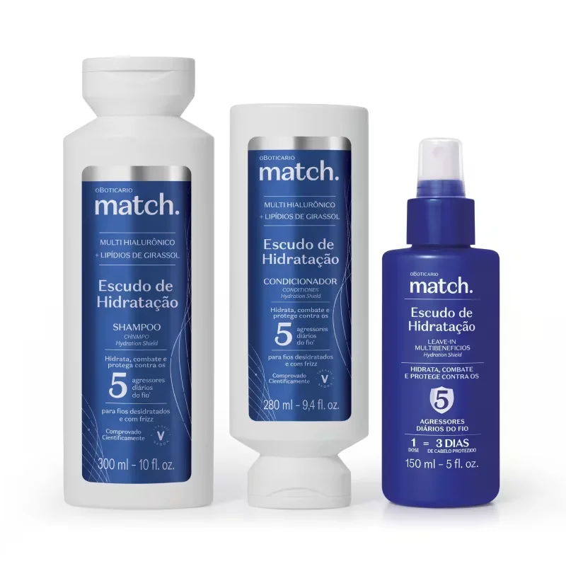 Combo Match Escudo de Hidratação: Shampoo 300ml + Condicionador 280ml + Leave-In Multibenefícios 100ml