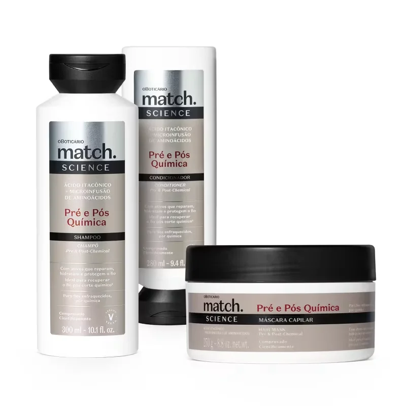 Combo Match Science Pré e Pós-Química: Shampoo 300ml + Máscara Capilar 250g + Condicionador 280ml