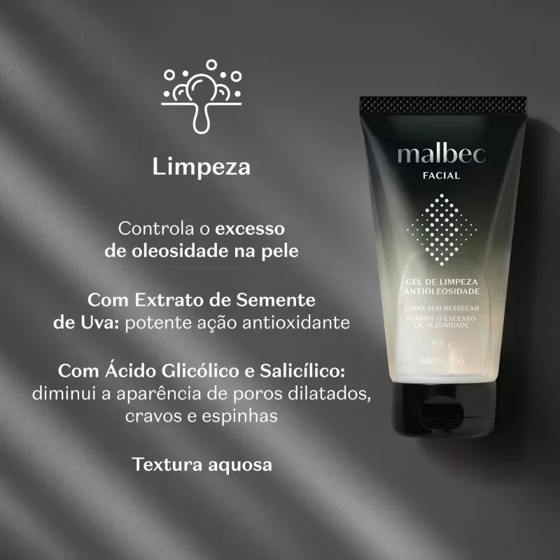 Gel de Limpeza Antioleosidade Malbec Facial 150g