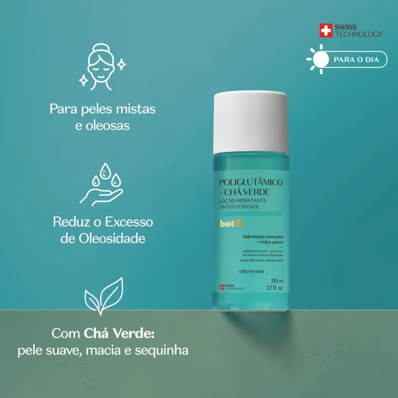 Loção Hidratante Facial Antioleosidade Ácido Poliglutâmico + Chá Verde Botik 110ml